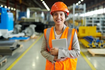 Ouvrière en site industriel, casque de chantier et tablette